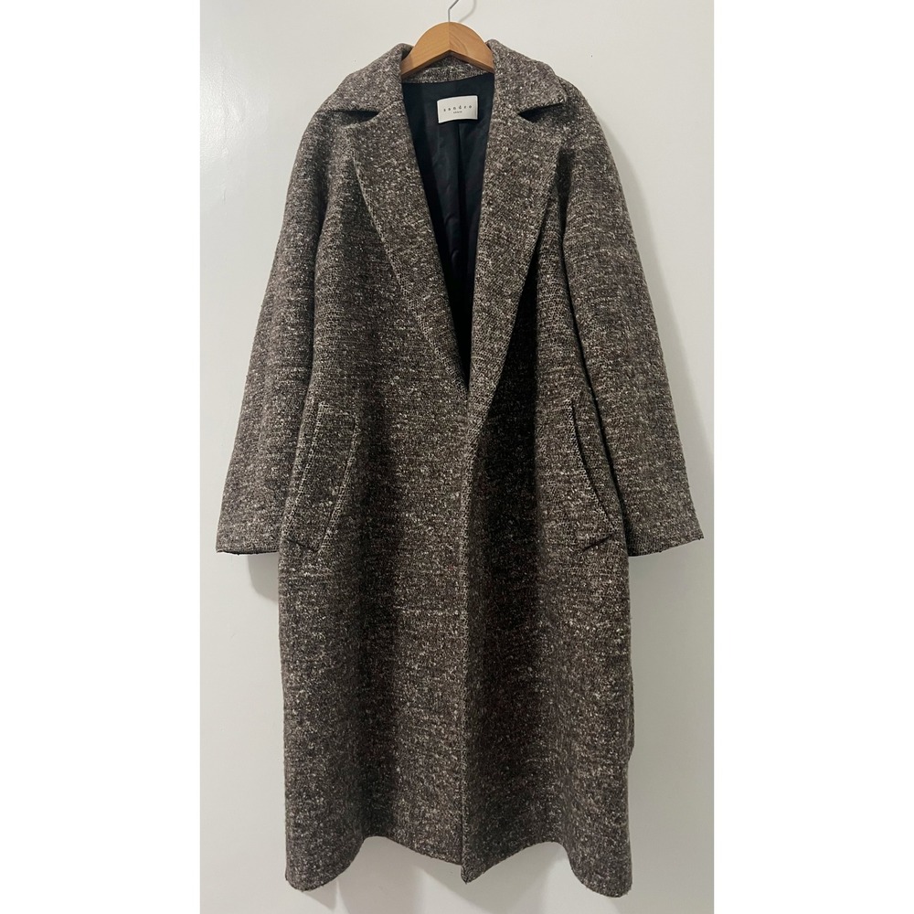 Sandro Paris Women's Tweed Belted Coat‎ Brown Multi Color Wool Blend Size Medium